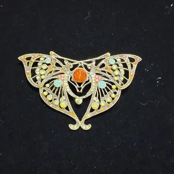 Austrian Crystal Filigree Butterfly Brooch GoldTone Multi Color Crystals Vintage - Picture 2 of 11
